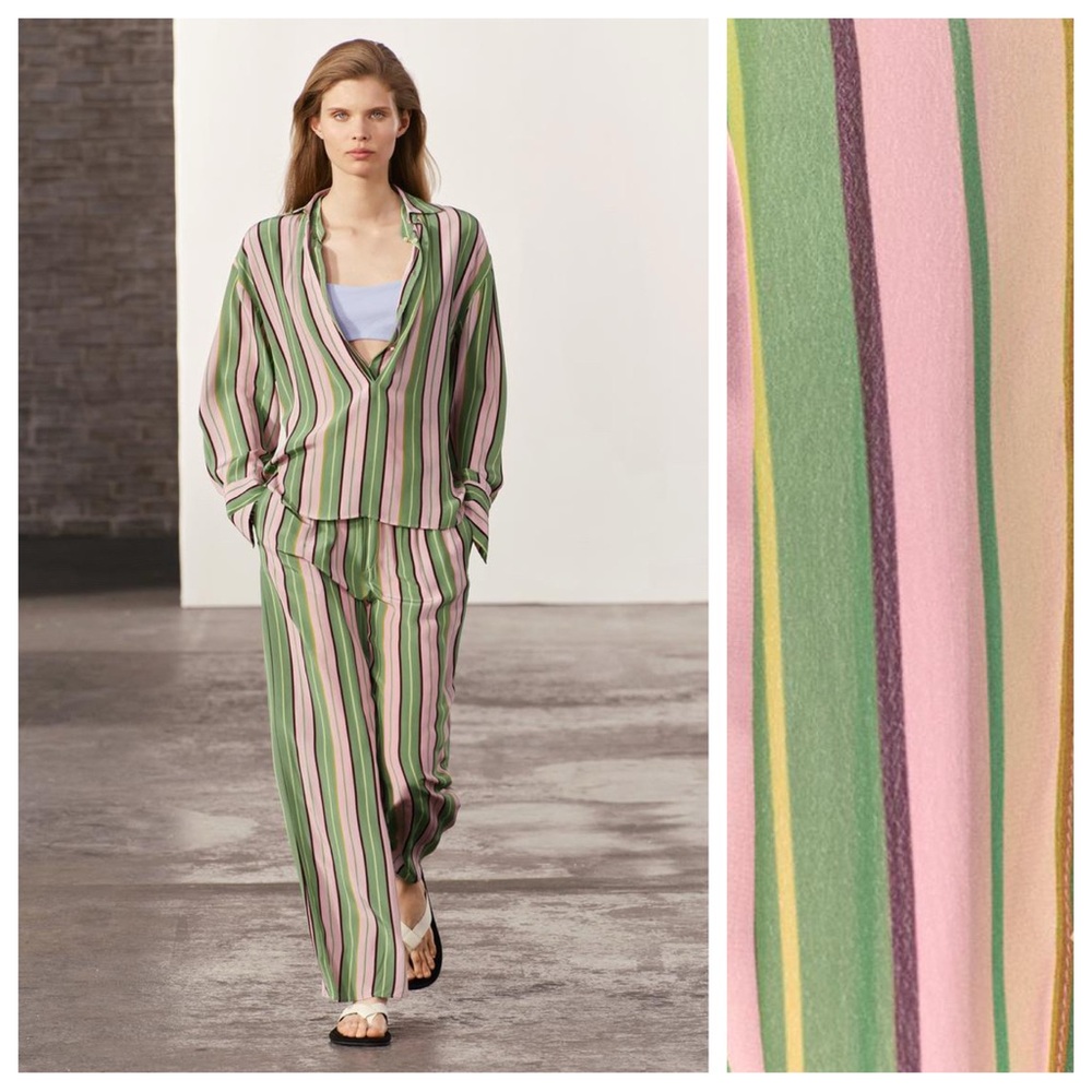 NWT. Zara Green/Pink 100% Viscose Striped Shirt. Size S.